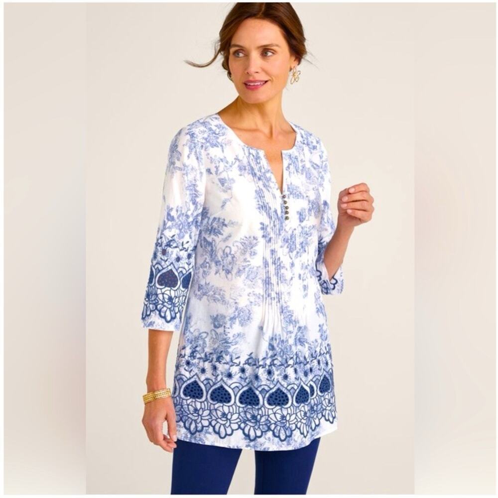 Soft Surroundings Nimes Tunic Top S Toile Print Embroidered Eyelet Blue Floral